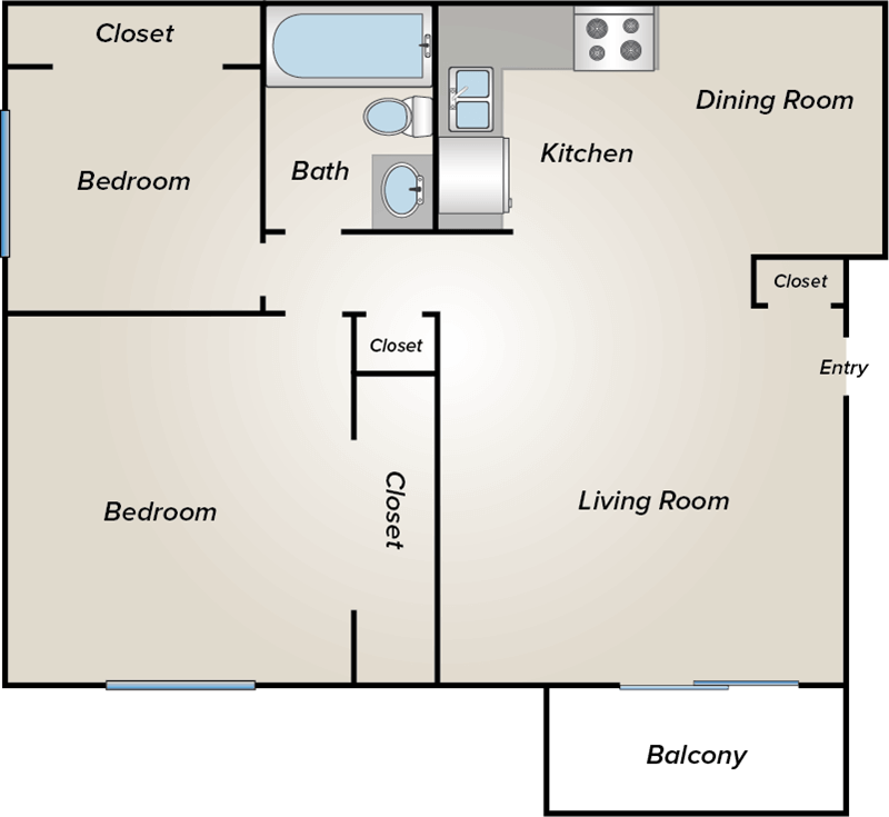 2 BEDROOM  1 BATH floor plan